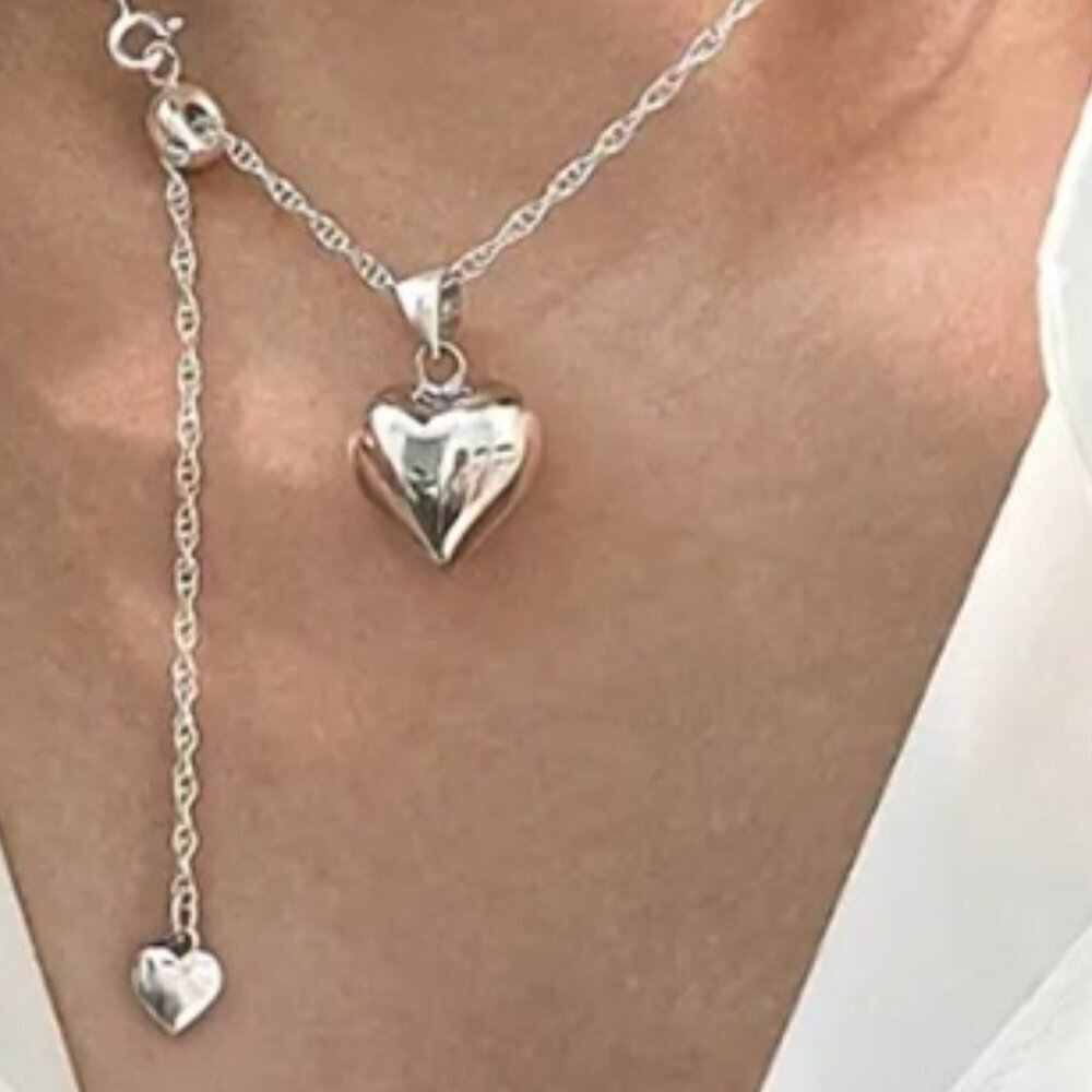Elegant S925 Sterling Silver Adjustable Puff Heart Pendant Necklace